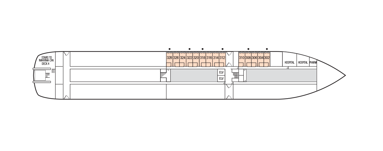 A deck plan of Deck 3 of the m/s Paul Gauguin, color coded with the locations of the F Porthole Staterooms. 