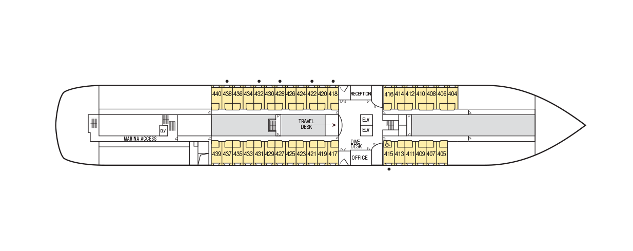 A deck plan of Deck 4 of the m/s Paul Gauguin, color coded with the locations of the E Window Staterooms.