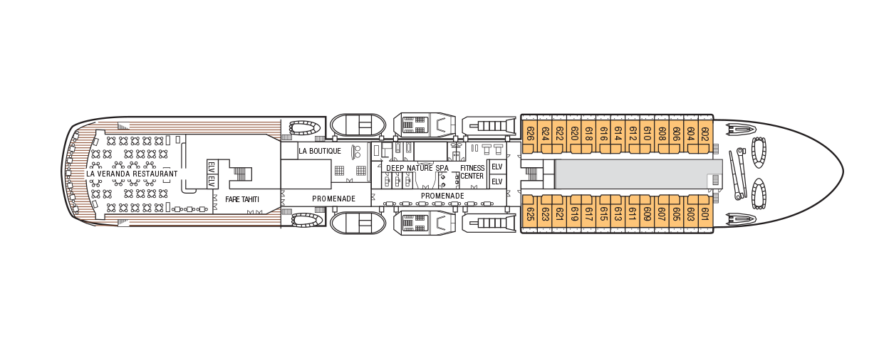 A deck plan of Deck 6 of the m/s Paul Gauguin, color coded with the locations of the D Balcony Staterooms.   