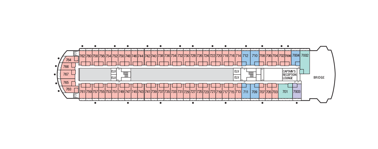 A deck plan of Deck 7 of the m/s Paul Gauguin, color coded with the locations of C Balcony Staterooms, Veranda Suites, Owner’s Suites, and a B Veranda Stateroom.