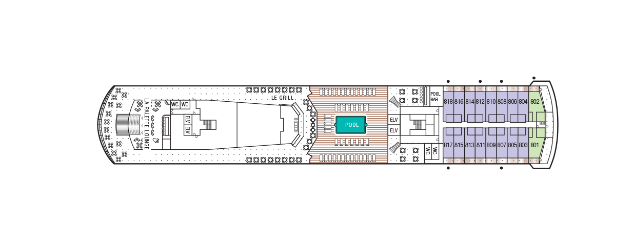 A deck plan of Deck 8 of the m/s Paul Gauguin, color coded with the locations of the Grand Suites and B Veranda Staterooms. 