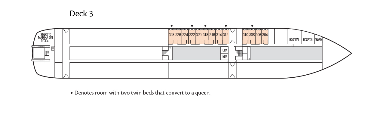 Graphic showcasing the floorplan of deck 3 aboard the m/s Paul Gauguin