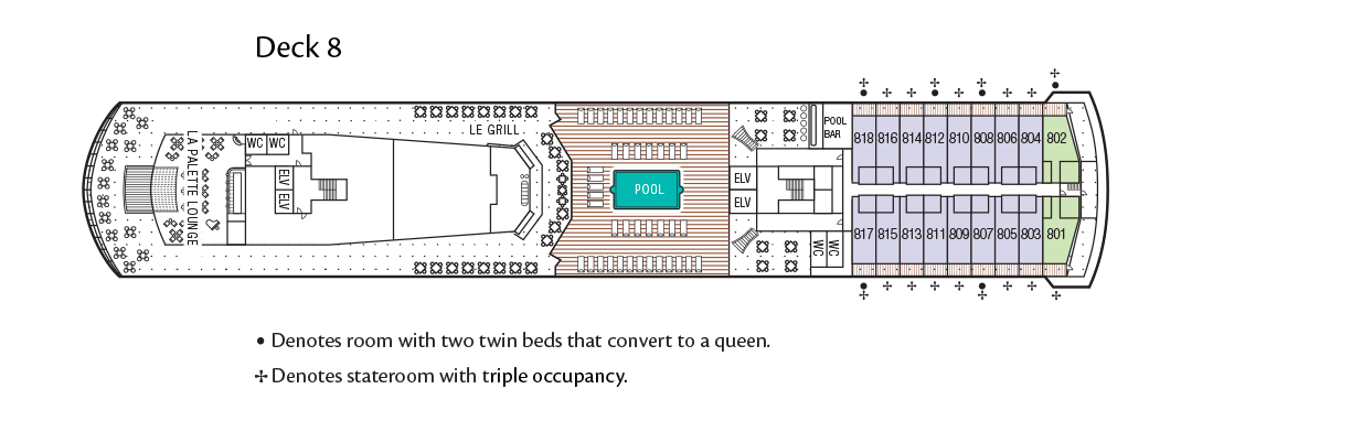 Graphic showcasing the floorplan of deck 8 aboard the m/s Paul Gauguin