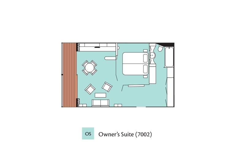 Aerial view cabin drawing of the floor plan for Owner's Suite 7002 aboard the m/s Paul Gauguin