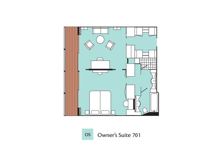 Aerial view cabin drawing of the floor plan for Owner's Suite 701 aboard the m/s Paul Gauguin