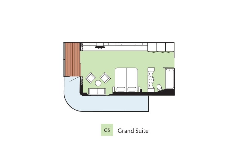 Aerial view cabin drawing of the floor plan for Grand Suite stateroom aboard the m/s Paul Gauguin