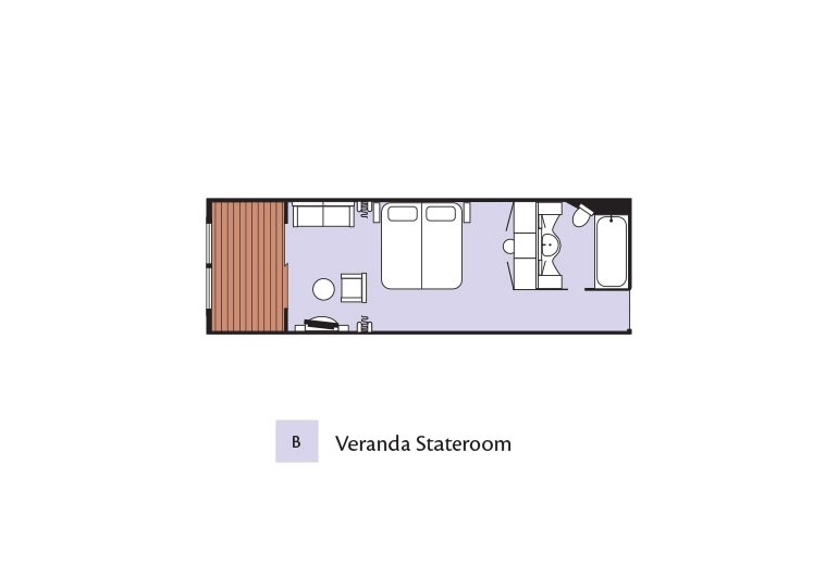 Aerial view cabin drawing of the floor plan for a Veranda Suite stateroom aboard the m/s Paul Gauguin