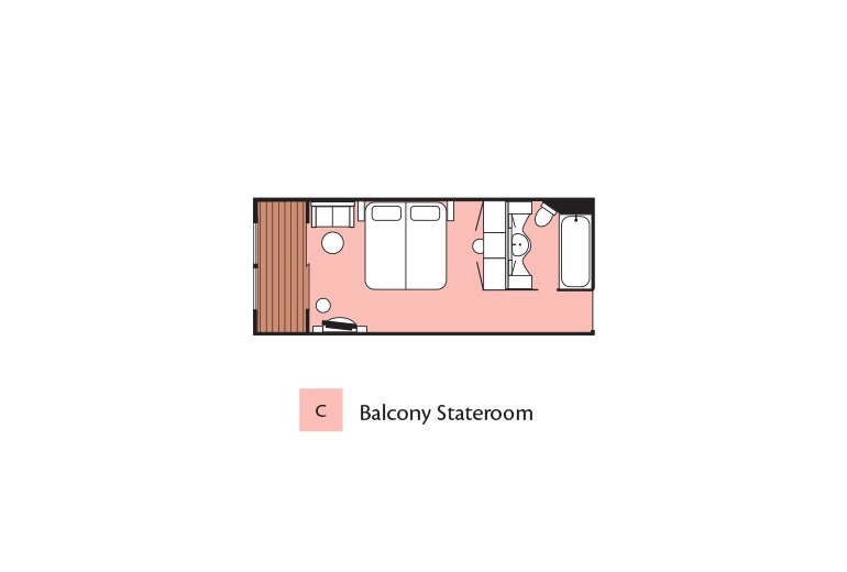 Aerial view cabin drawing of the floor plan for Category C Balcony Stateroom aboard the m/s Paul Gauguin