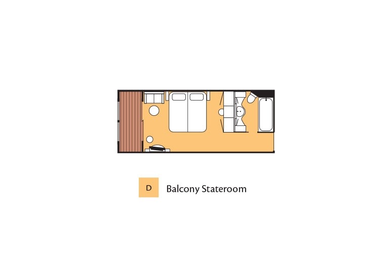 Aerial view cabin drawing of the floor plan for Category D Balcony Stateroom aboard the m/s Paul Gauguin