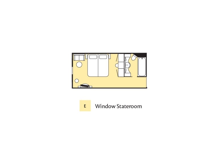 Aerial view cabin drawing of the floor plan for Category E Window Stateroom aboard the m/s Paul Gauguin