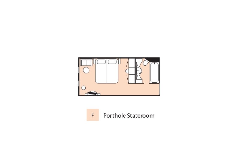 Aerial view cabin drawing of the floor plan for Category F Porthole Stateroom aboard the m/s Paul Gauguin