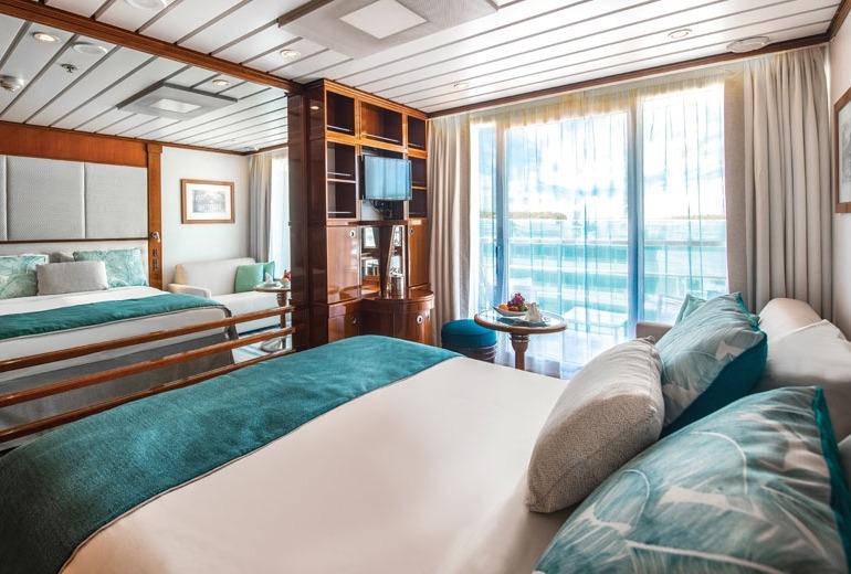 View of a Balcony Stateroom (Category C) aboard the luxury small-shop m/s Paul Gauguin