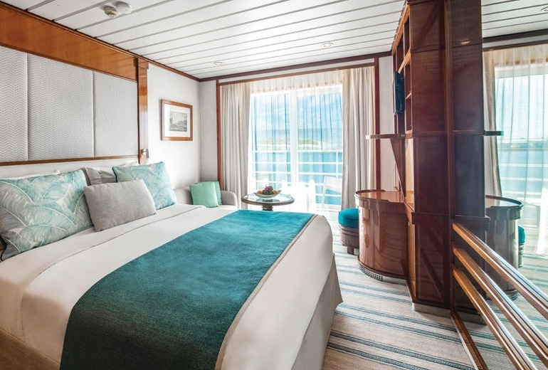 View of a Balcony Stateroom (Category D) aboard the luxury small-shop m/s Paul Gauguin