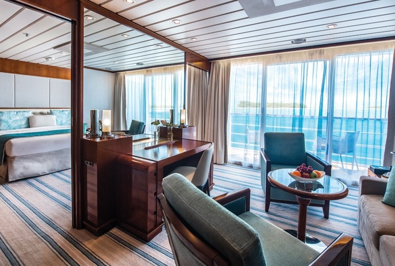 Living Room view of Owner's Suite #701 aboard the luxury small-shop m/s Paul Gauguin