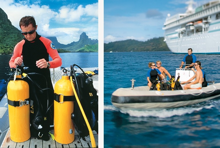 On the left, a scuba diving instructor checks oxygen tanks while on the right our scuba divers set off from the m/s Paul Gauguin in a Zodiac®.