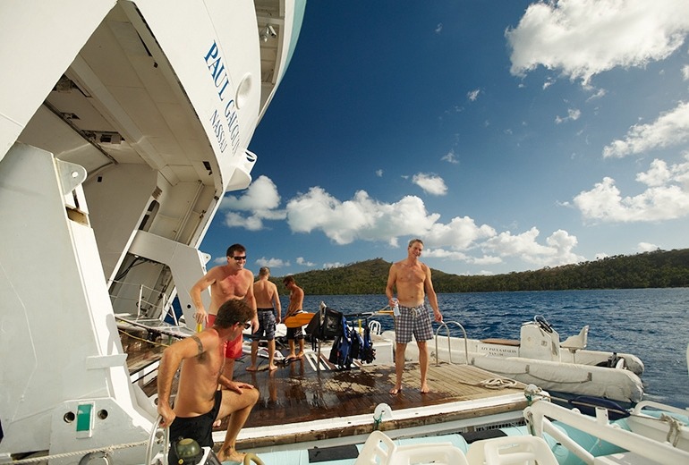 The onboard marina of the luxury m/s Paul Gauguin is the departure point for our SCUBA diving expeditions and PADI Certification.