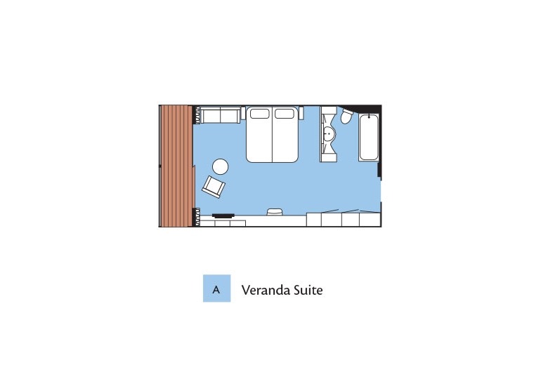 Aerial view cabin drawing of the floor plan for a Veranda Suite stateroom aboard the m/s Paul Gauguin