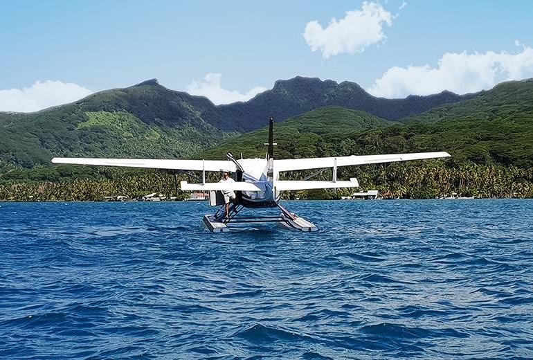 Scenic plane ride above the island of Bora Bora.