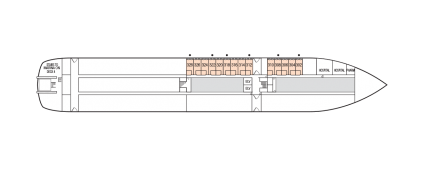 A deck plan of Deck 3 of the m/s Paul Gauguin, color coded with the locations of the F Porthole Staterooms. 