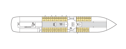 A deck plan of Deck 4 of the m/s Paul Gauguin, color coded with the locations of the E Window Staterooms.