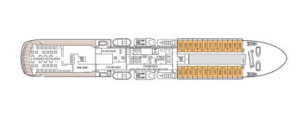 A deck plan of Deck 6 of the m/s Paul Gauguin, color coded with the locations of the D Balcony Staterooms.   