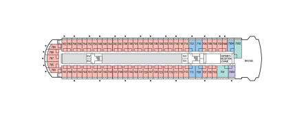 A deck plan of Deck 7 of the m/s Paul Gauguin, color coded with the locations of C Balcony Staterooms, Veranda Suites, Owner’s Suites, and a B Veranda Stateroom.