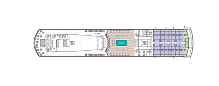 A deck plan of Deck 8 of the m/s Paul Gauguin, color coded with the locations of the Grand Suites and B Veranda Staterooms. 