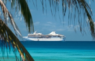 The m/s Paul Gauguin anchored in the distance with palm fronds in the foreground.
